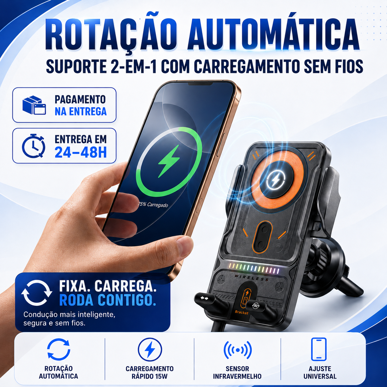 🔥Promoção do último dia 49%🔥Smart 2-In-1 Auto-Giratório Suporte para Telefone de Carro & Carregador Sem Fio