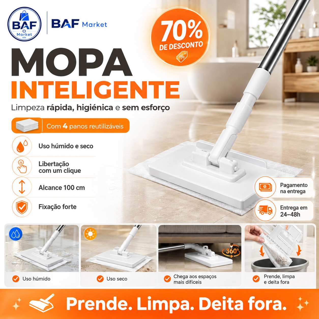 🔥 Último dia: 70% de desconto 🔥 Mopa multifuncional com 4 panos reutilizáveis