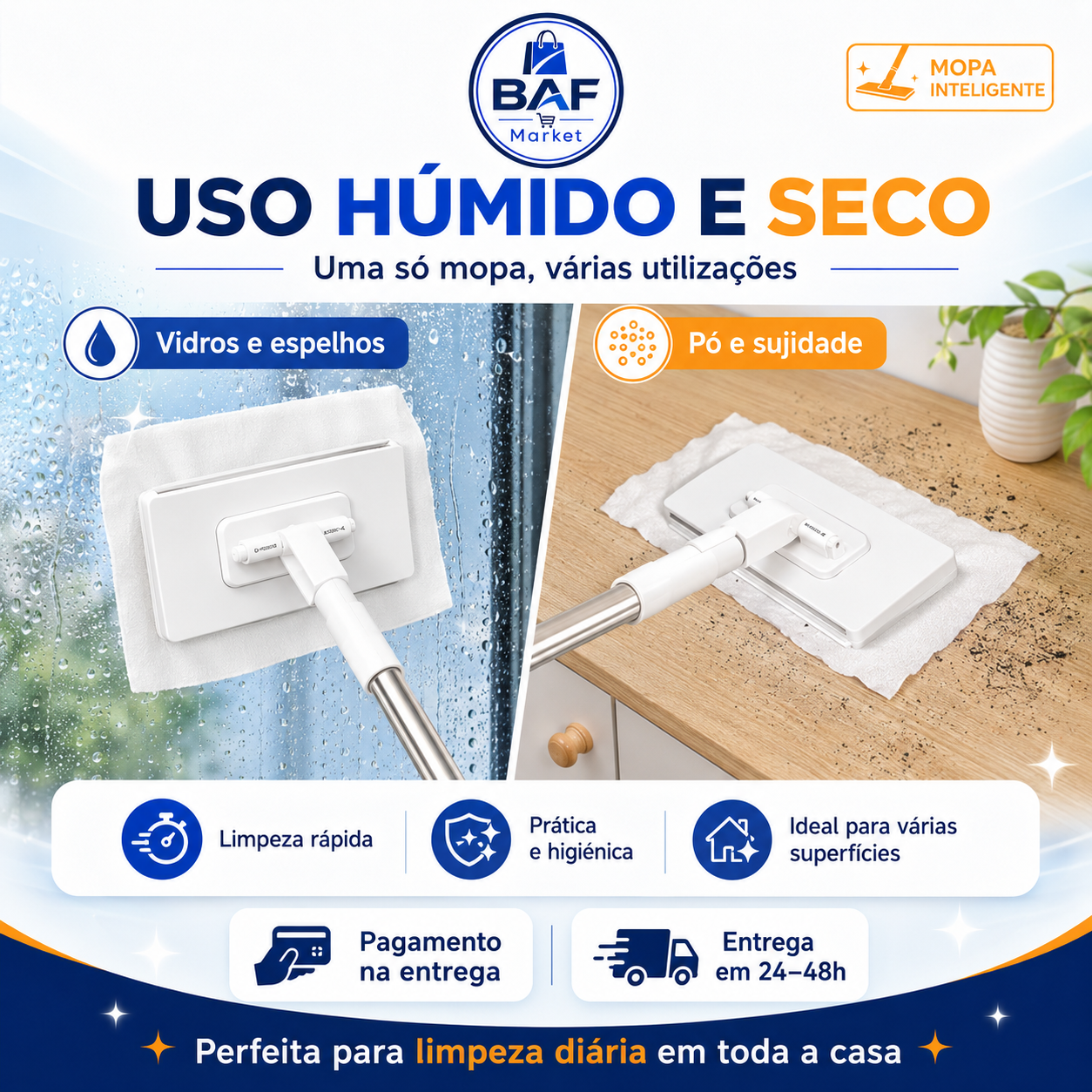 🔥 Último dia: 70% de desconto 🔥 Mopa multifuncional com 4 panos reutilizáveis