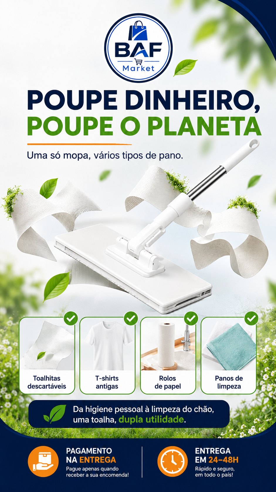 🔥 Último dia: 70% de desconto 🔥 Mopa multifuncional com 4 panos reutilizáveis