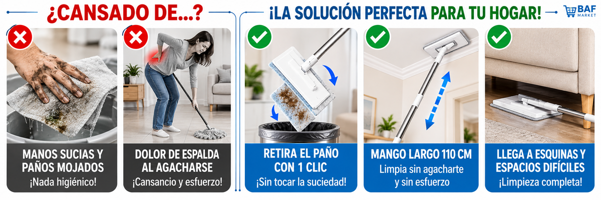 🔥 ¡Limpia tu hogar sin esfuerzo! 🏡 Mopa multifuncional con 2 paños reutilizables | ¡10 % de descuento en la 2.ª unidad! 🔥
