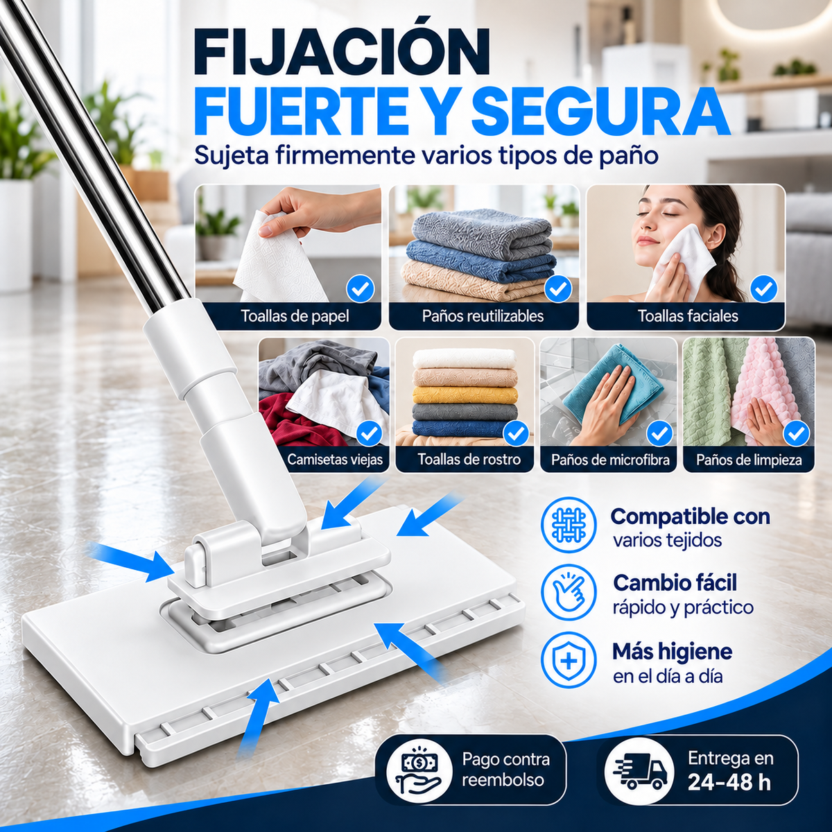 🔥 ¡Limpia tu hogar sin esfuerzo! 🏡 Mopa multifuncional con 2 paños reutilizables | ¡10 % de descuento en la 2.ª unidad! 🔥