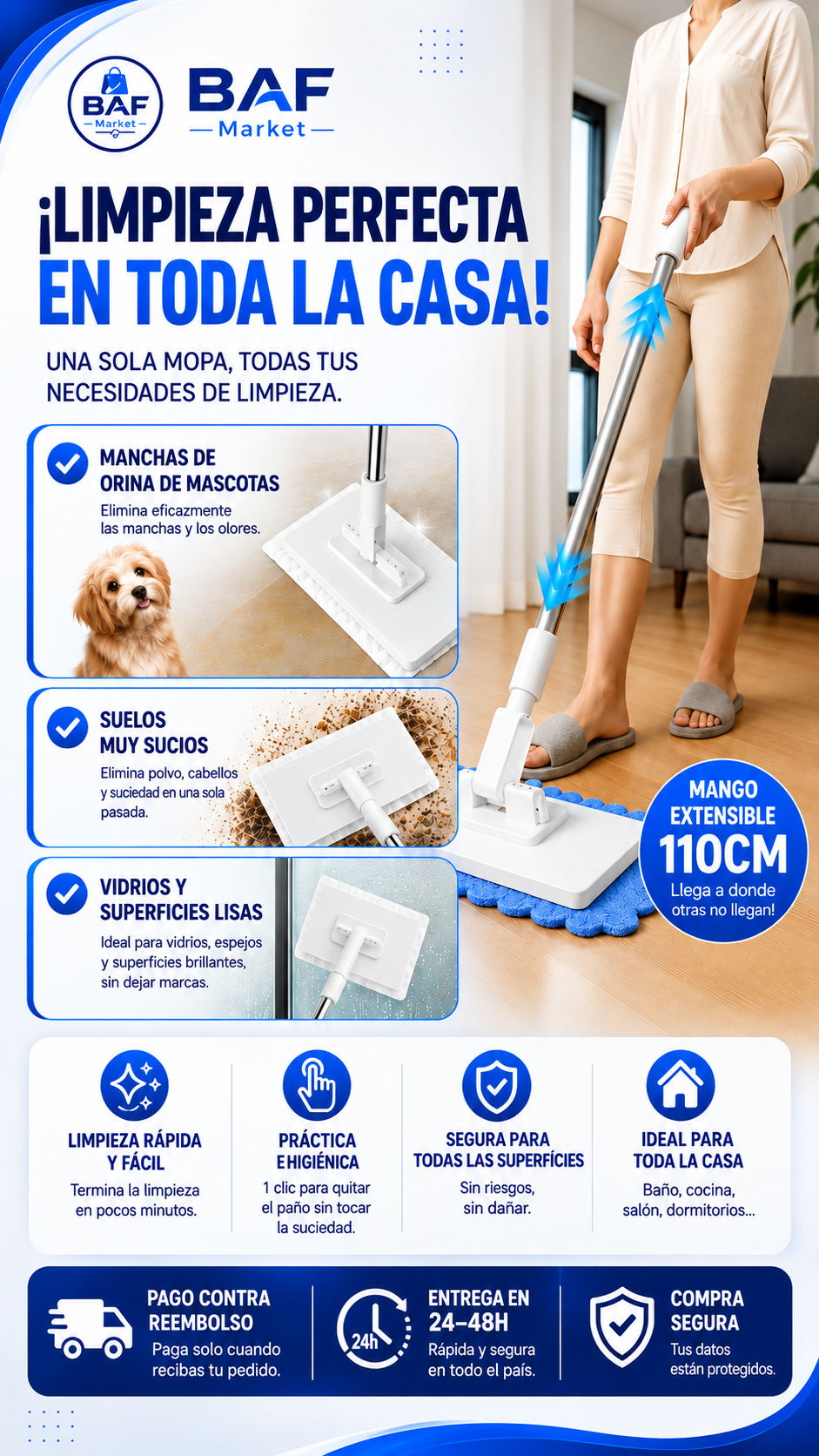 🔥 ¡Limpia tu hogar sin esfuerzo! 🏡 Mopa multifuncional con 2 paños reutilizables | ¡10 % de descuento en la 2.ª unidad! 🔥